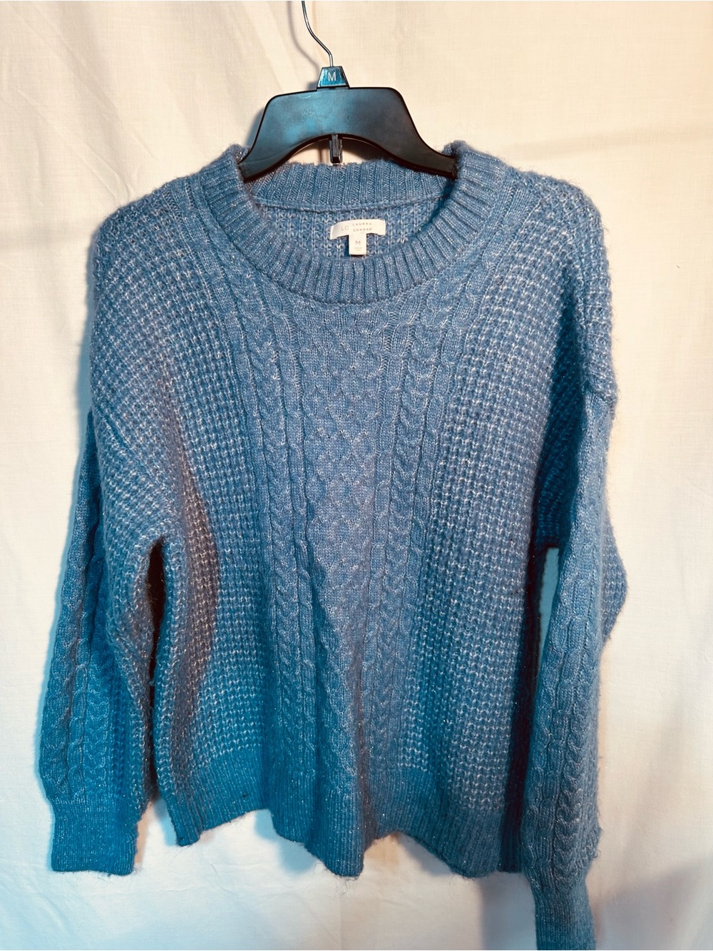 LC Lauren Conrad Blue Glittery Cable-Knit Crewneck Sweater